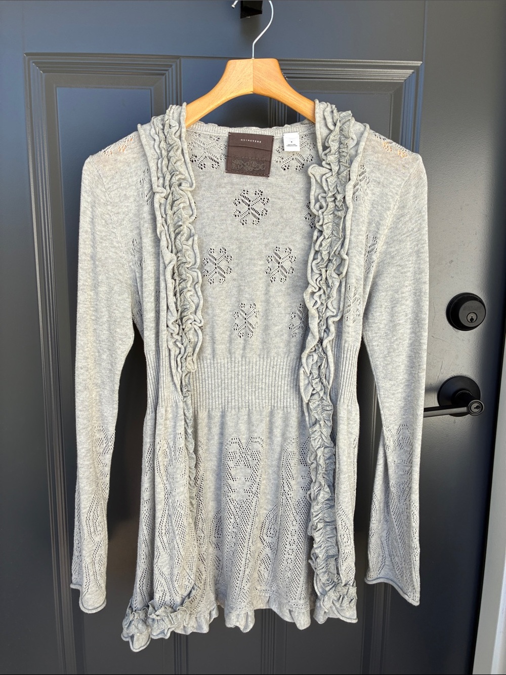 Ruffled V-Neck Knit Cardigan Sweater - Light Gray